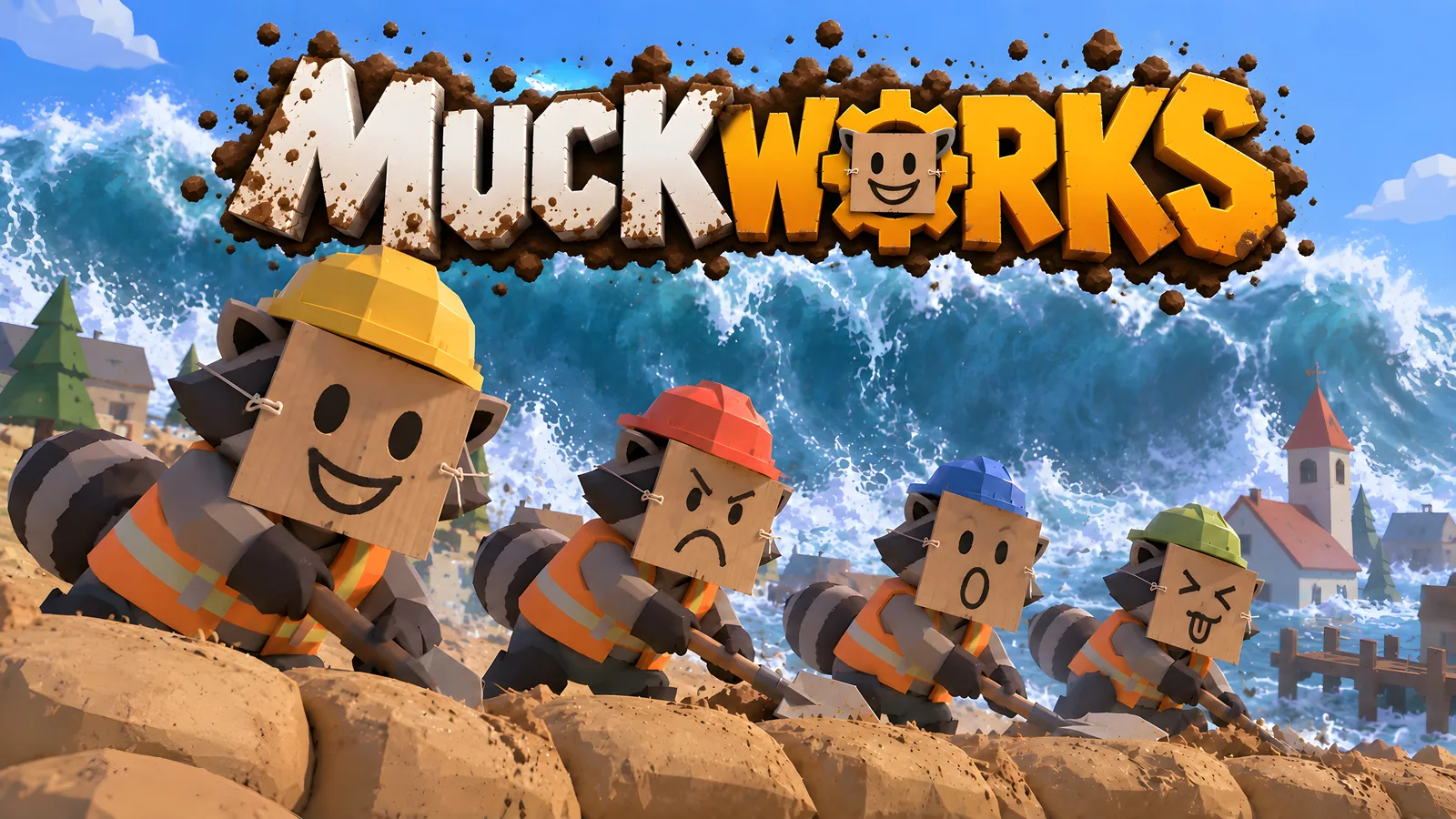 Muckworks key art: four raccoon contractors in hard hats and cardboard masks build a sandbag wall as a huge wave rises behind them